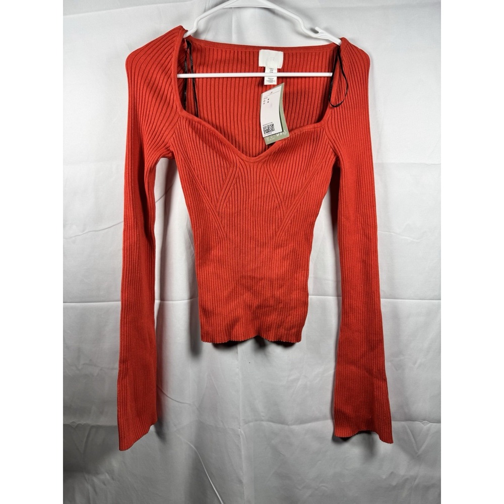NWT Orange H&M Ribbed Flared Long Sleeve With Sweetheart Neckline Size Medium